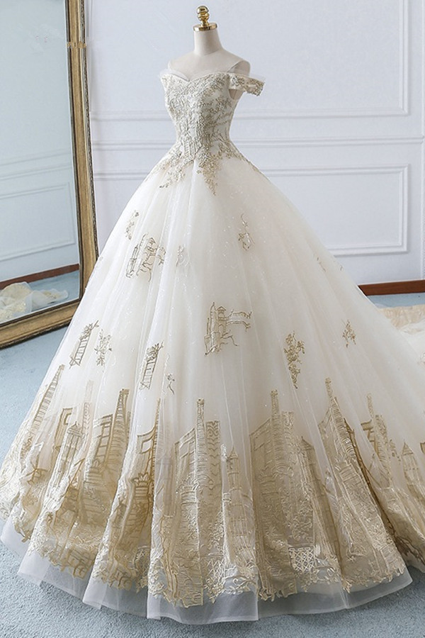 Ball Gown Off-the-shoulder Sweetheart Neck Sleeveless Floor-length Tulle Bridal Dress With Appliques 3