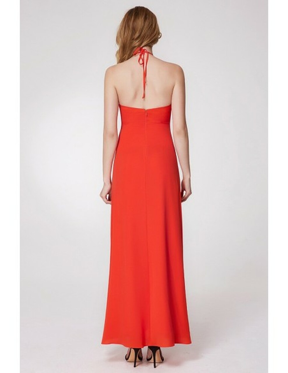 Long Slit Front Halter Orange Bridesmaid Dress 2