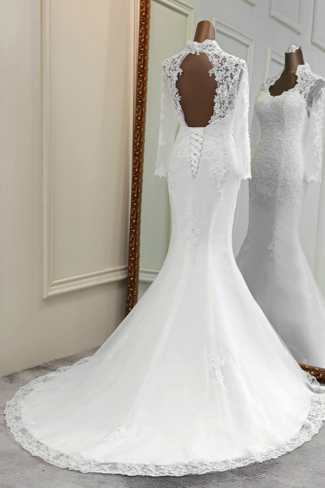 Mermaid V-neck Long Sleeves Floor-length Tulle Wedding Dress With Beading 2