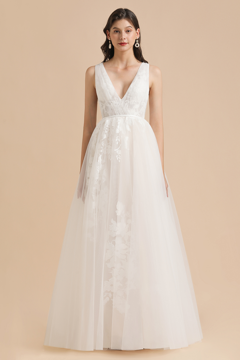 A-line V-neck Sleeveless Floor-length Satin Bridal Dress With Lace 3
