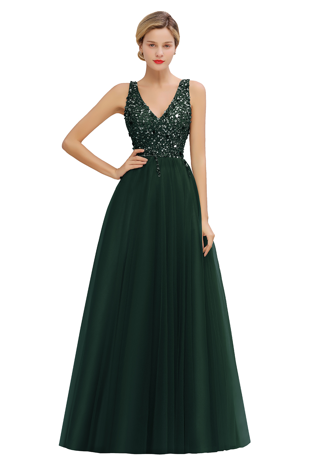 A-line V-neck Sleeveless Floor-length Tulle Evening Gown With Beading 9