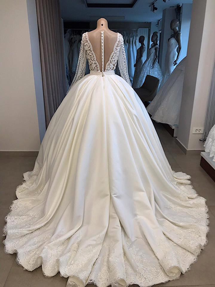 Ball Gown V-neck Long Sleeves Sweep / Brush Train Satin Wedding Gown With Lace 3