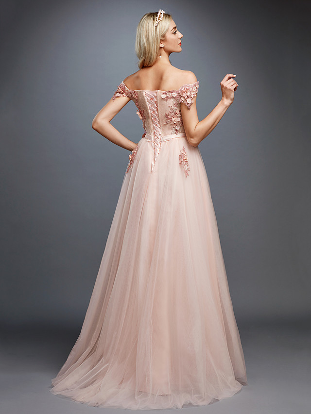 A-line Sleeveless Sweep / Brush Train Tulle Bridal Gown With Lace 2
