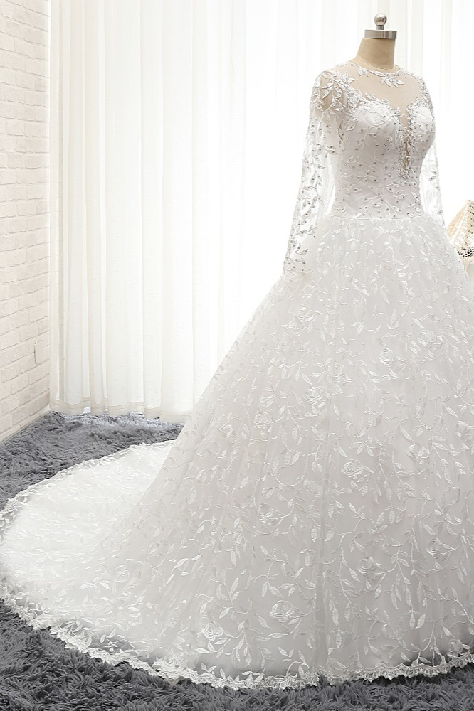 A-line Jewel Neck Long Sleeves Floor-length Tulle Bridal Dress With Appliques 5