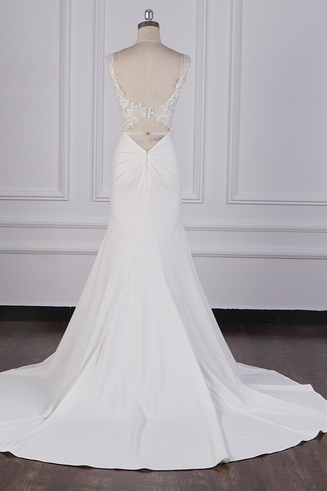 Mermaid V-neck Sleeveless Floor-length Satin Bridal Gown With Appliques 2
