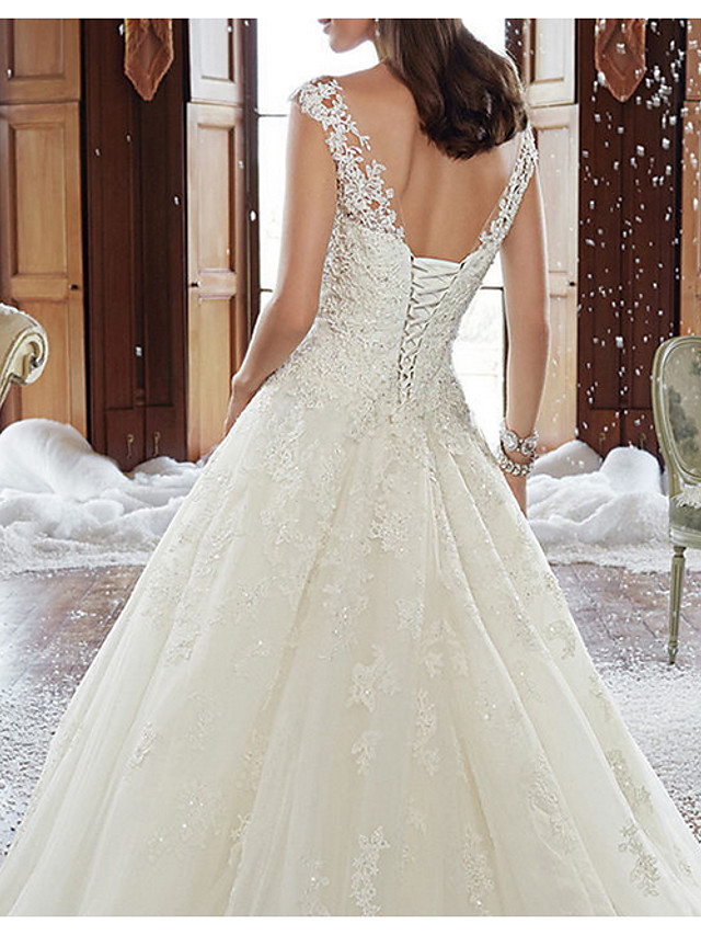 A-line Straps V-neck Court Train Lace Wedding Gown With Lace 3
