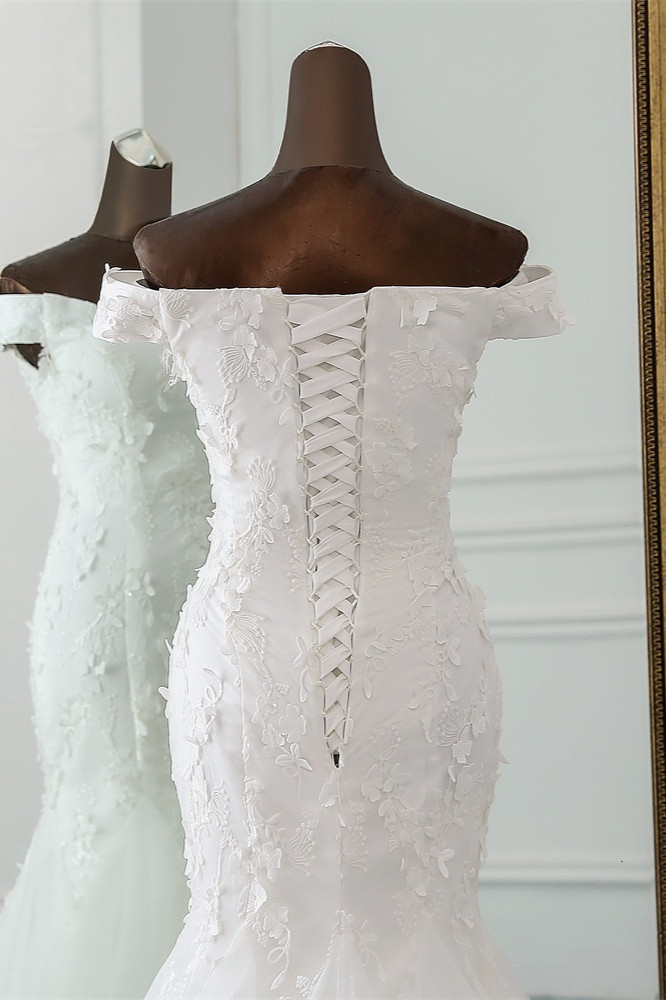 Mermaid Off-the-shoulder Sweetheart Neck Sleeveless Floor-length Tulle Bridal Dress With Lace 5