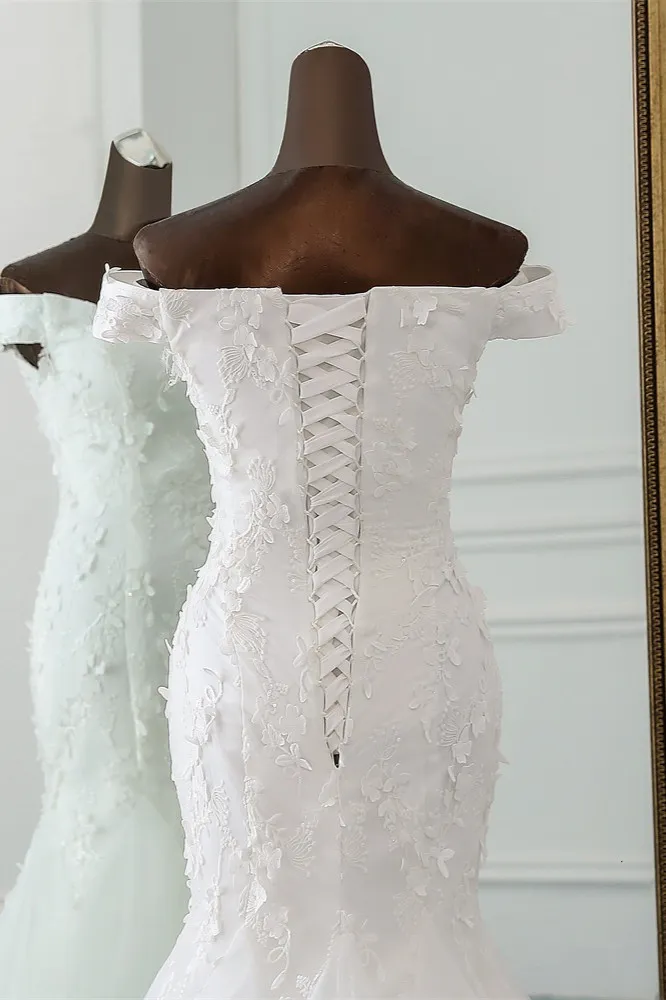 Mermaid Off-the-shoulder Sweetheart Neck Sleeveless Floor-length Tulle Bridal Dress With Lace 5