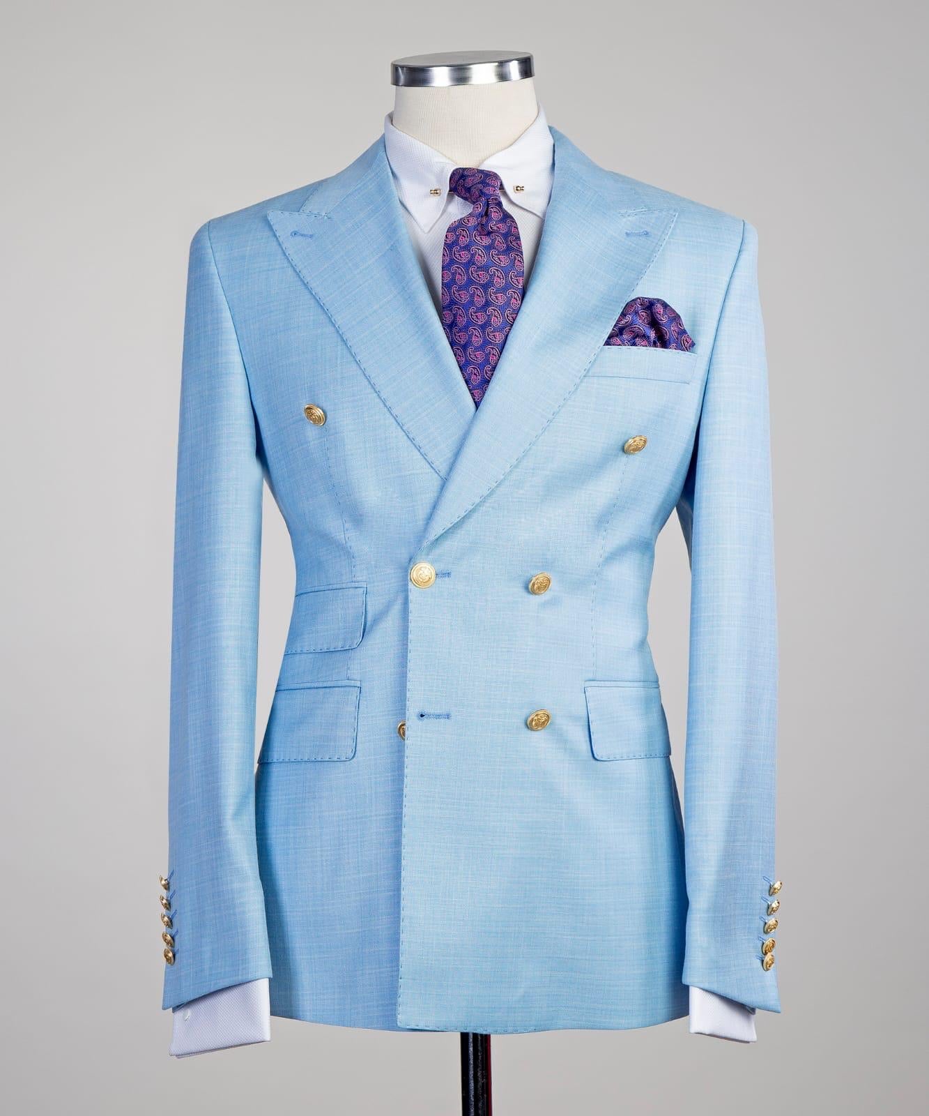 Sky Blue Double Breasted Two Pieces Prom Men Suit with Peaked Lapel 3