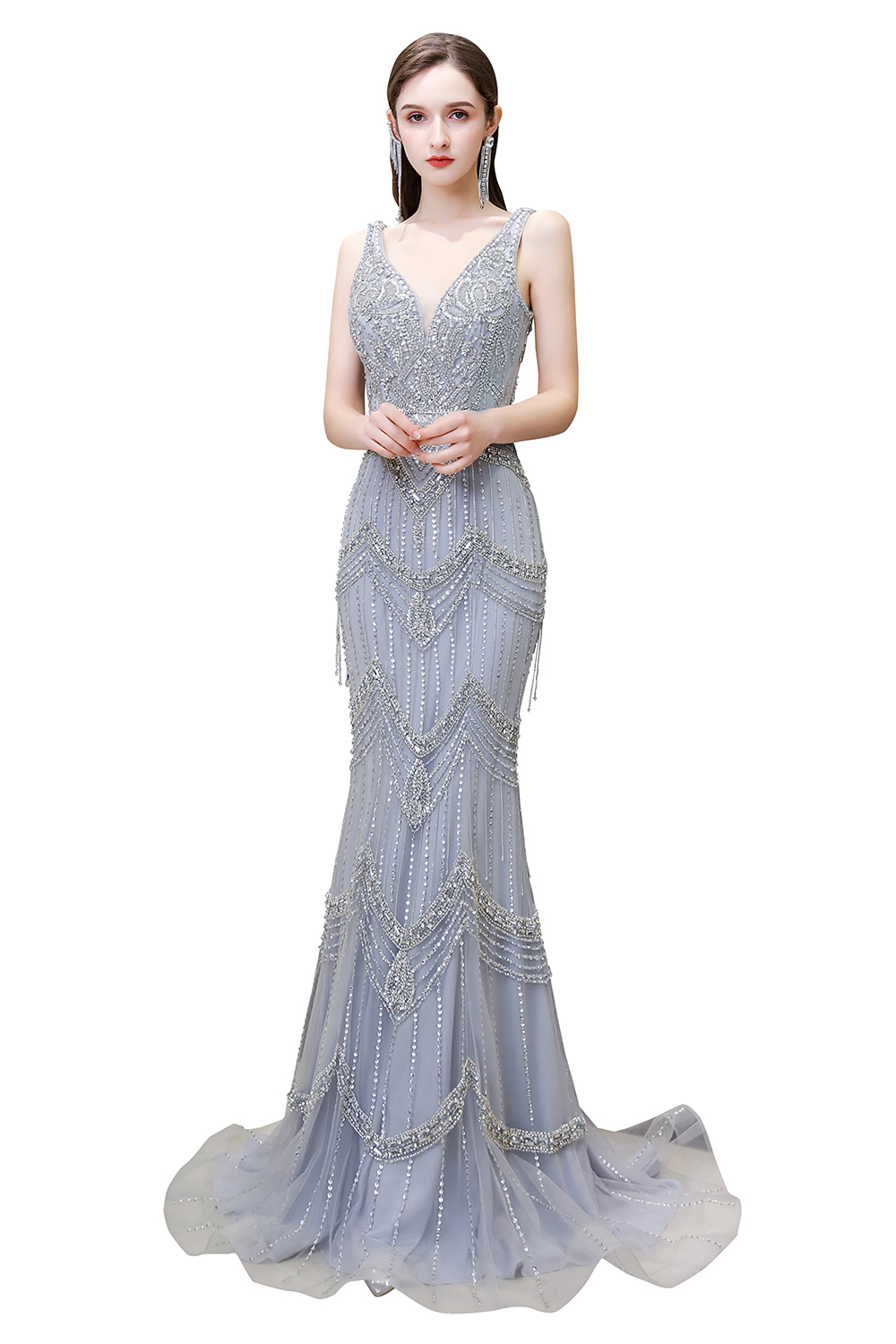 Mermaid V-neck Sleeveless Court Train Tulle Evening Gown With Feathers 13