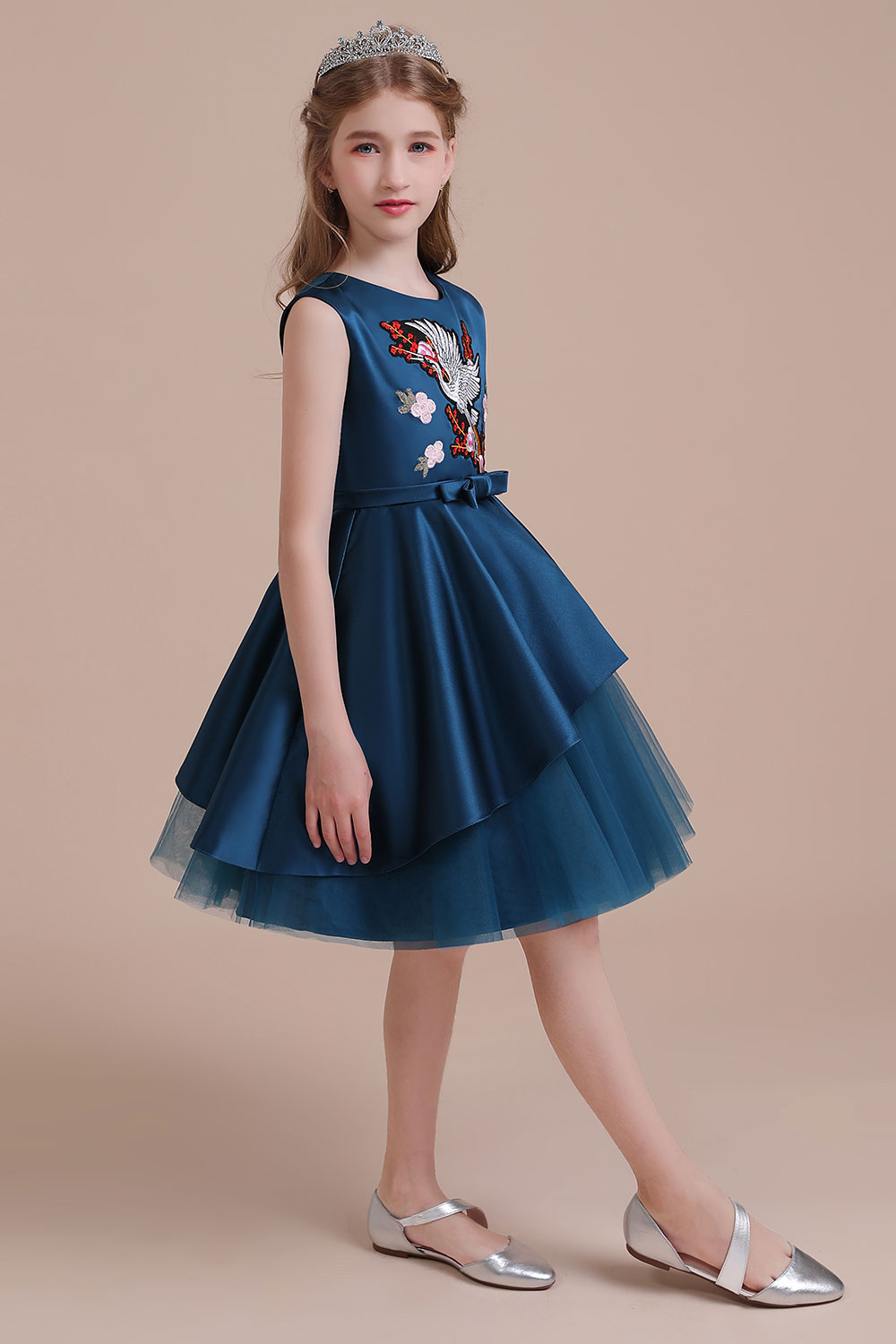 A-line Jewel Neck Sleeveless Knee-length Satin Flower Girl Dress With Embroidery 6
