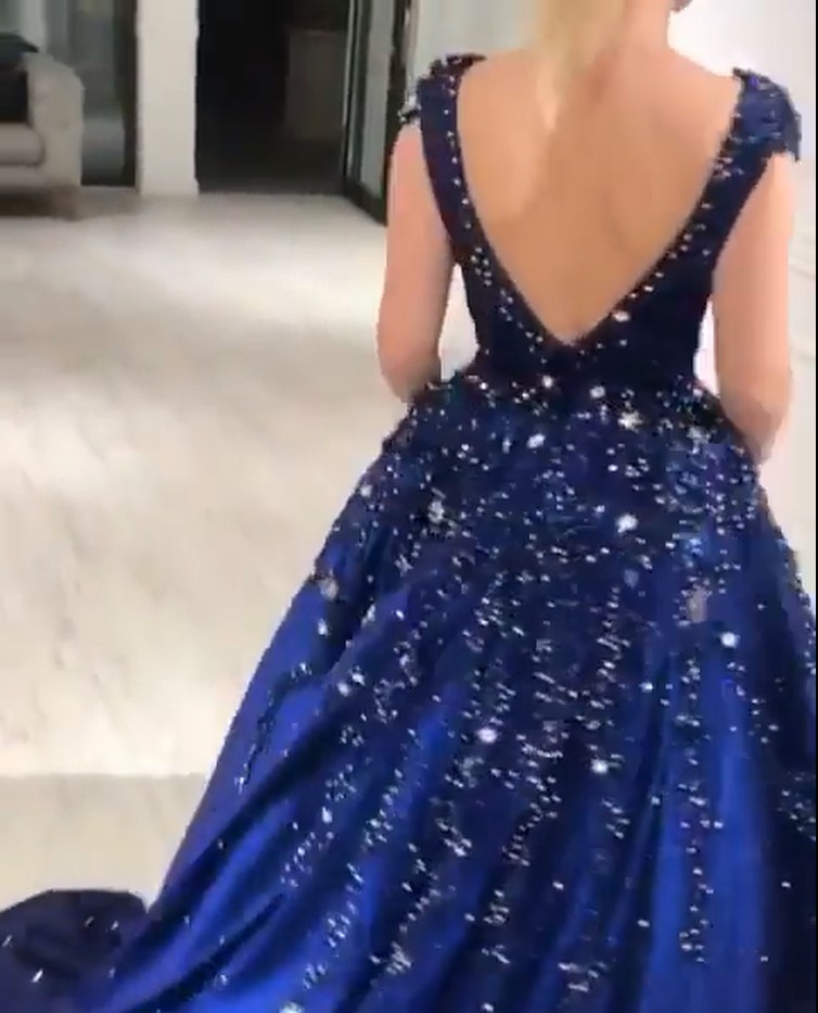Ball Gown Plunging Neckline Cap Sleeves Court Train Satin Formal Dress With Sequins 2
