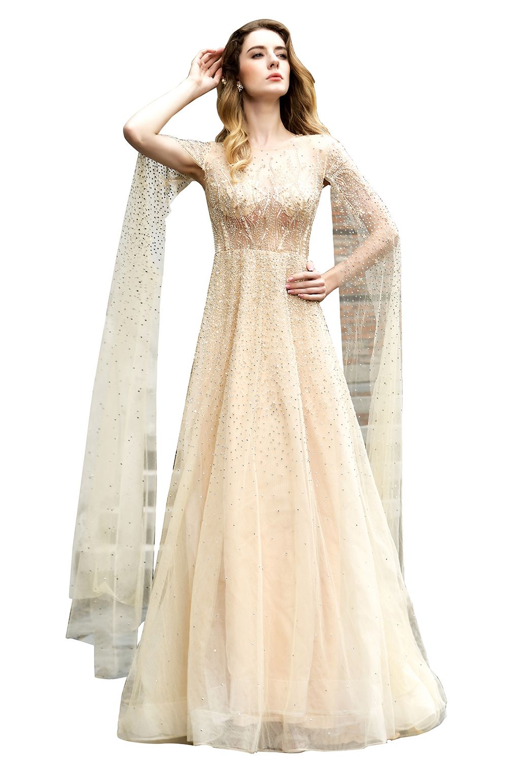 A-line Jewel Neck Long Sleeves Sweep / Brush Train Tulle Evening Gown With Beading 3