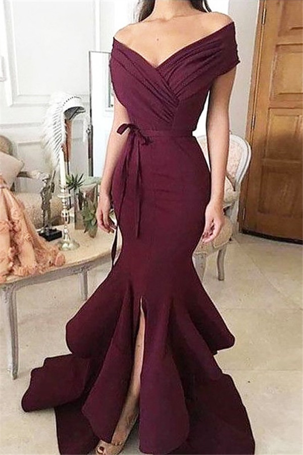 Mermaid Off-the-shoulder Sleeveless Sweep / Brush Train Evening Gown With Ruffles 1