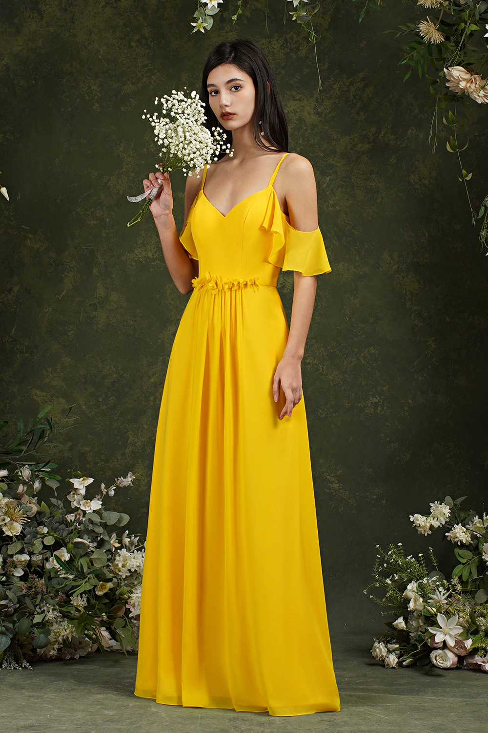A-line Spaghetti Straps Sweetheart Neck Cap Sleeves Floor-length 100D Chiffon Bridesmaid Gown With Pockets 3