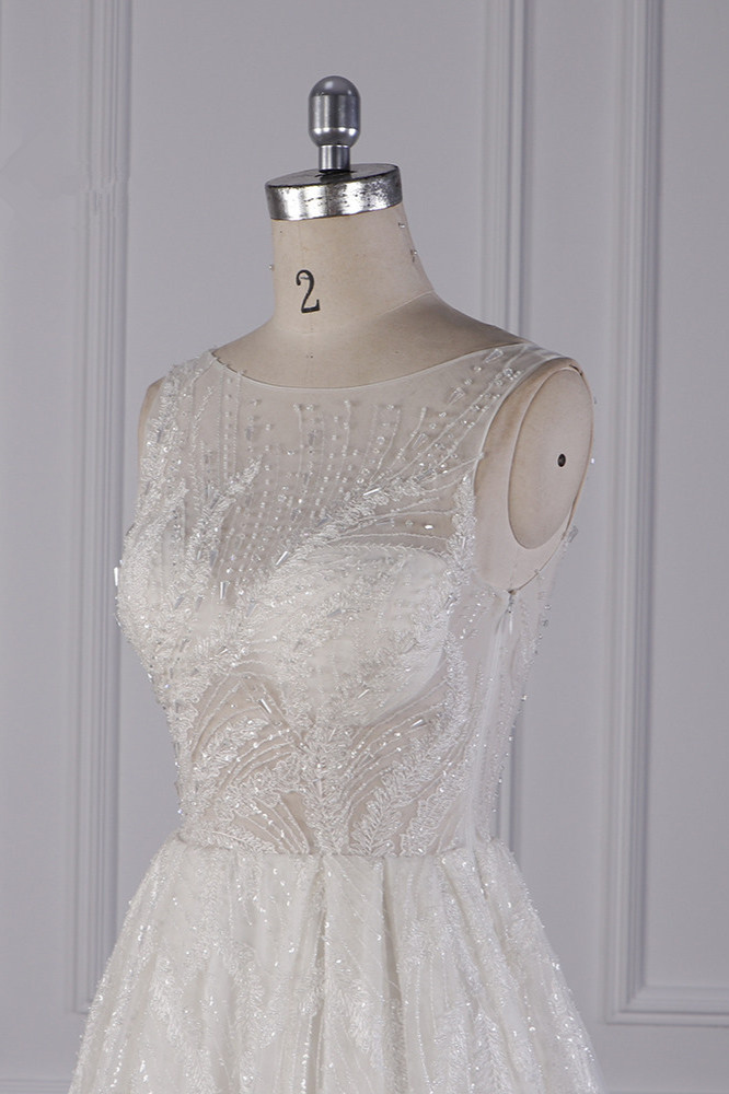 A-line Jewel Neck Sleeveless Floor-length Tulle Bridal Dress With Ruffles 5