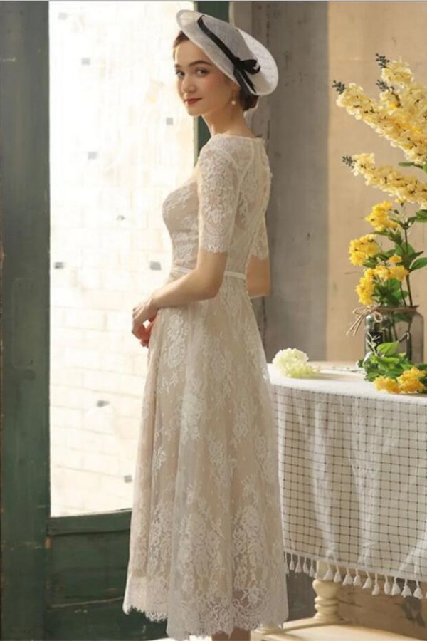 Column Jewel Neck Half-Sleeves Tea-length Lace Bridal Gown With Lace 4
