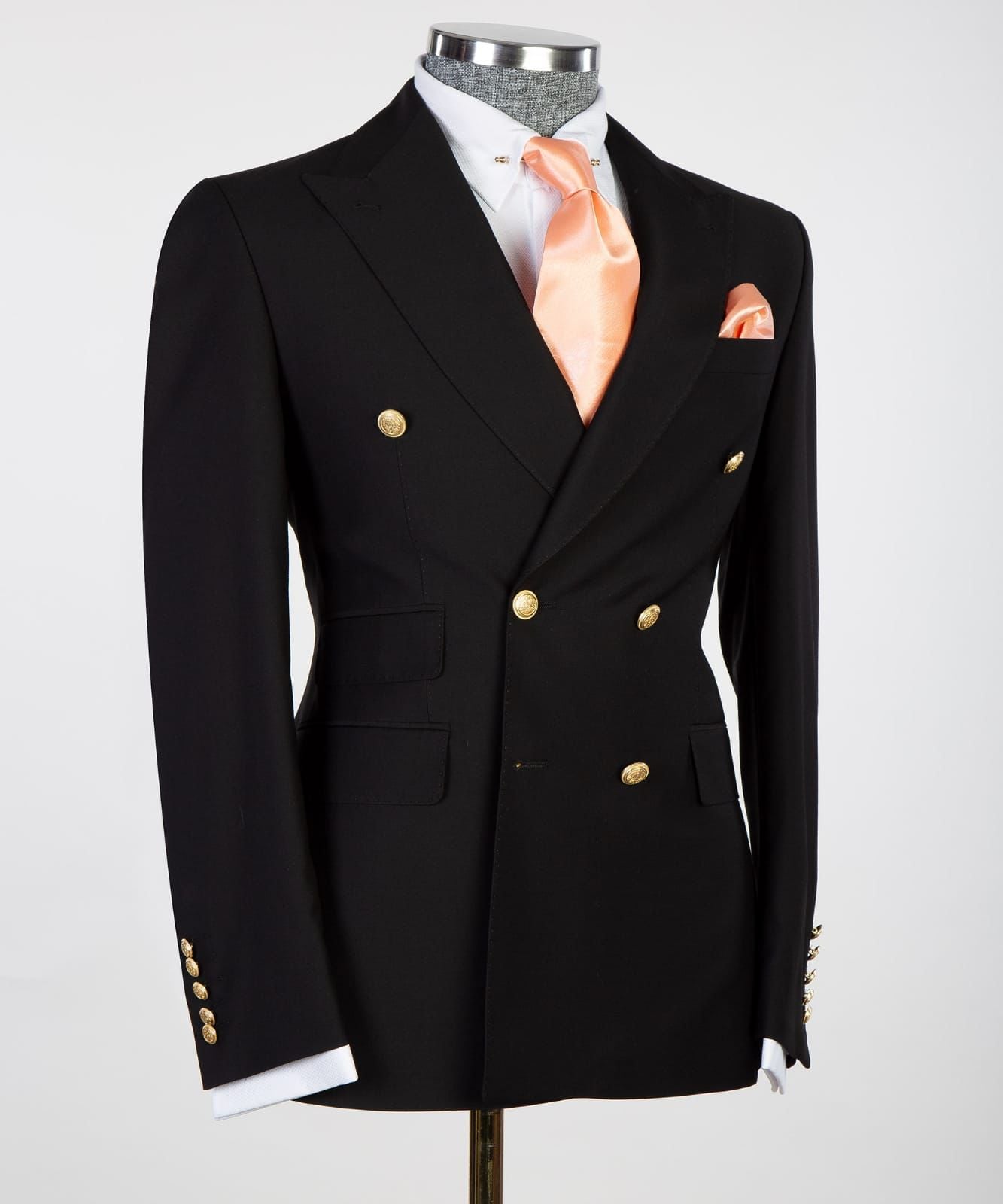 Black Double Breasted Business Men Suit with Peaked Lapel 4