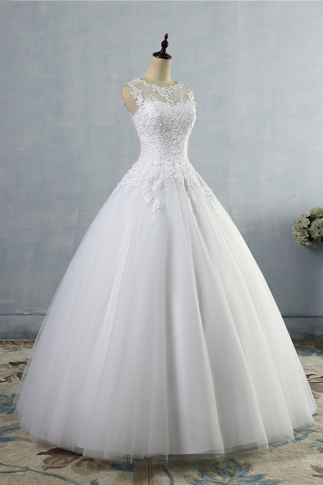 A-line Jewel Neck Sleeveless Floor-length Tulle Bridal Dress With Appliques 3