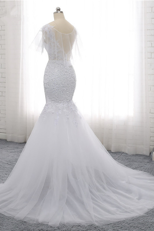 Mermaid Jewel Neck Sleeveless Floor-length Tulle Wedding Gown With Appliques 4
