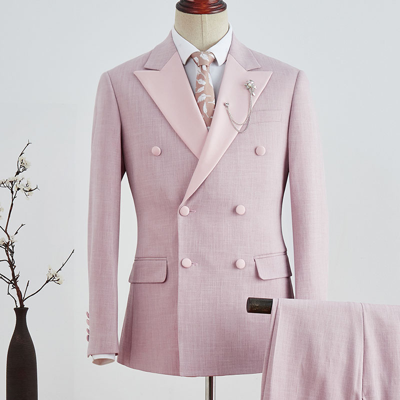 Pink Plaid Peaked Lapel Double Breasted Prom Suit 2