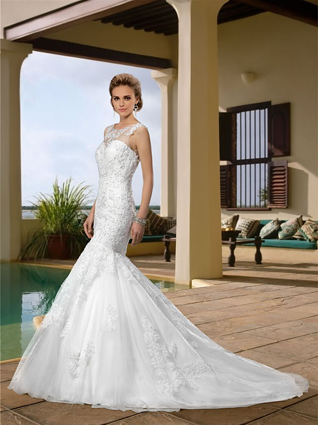 Mermaid Straps Scoop Neck Court Train Lace Wedding Gown With Lace 2