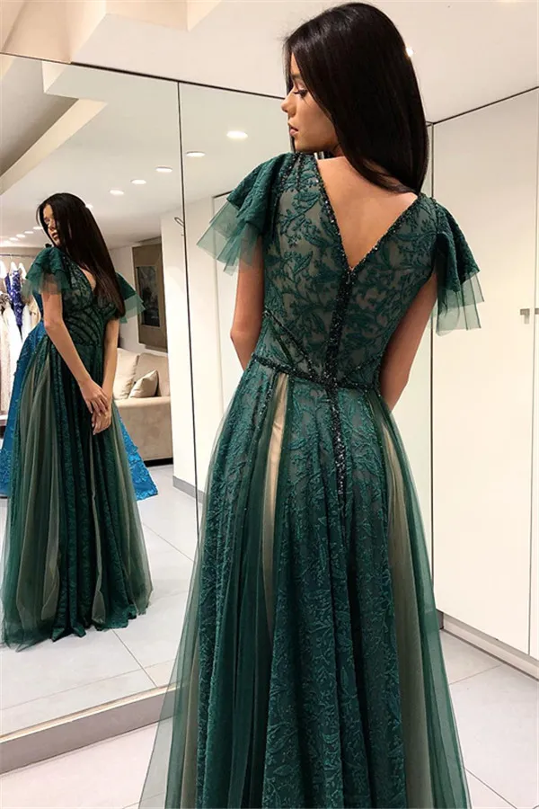 A-line V-neck Floor-length Evening Dress With Lace 2