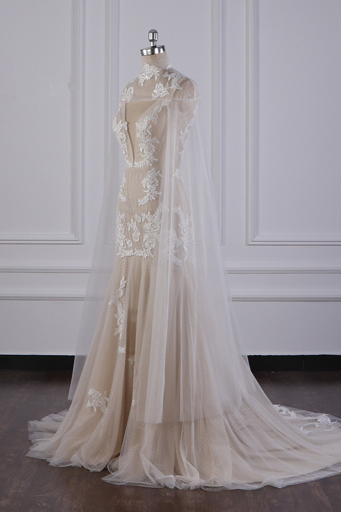 Mermaid High Neck Sleeveless Floor-length Tulle Wedding Dress With Lace 3