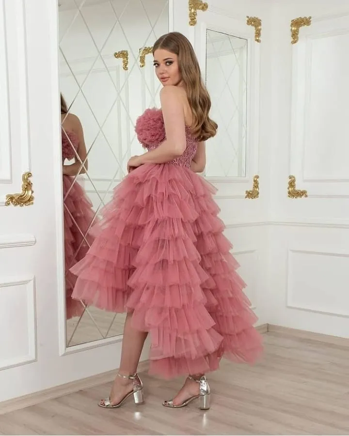 A-line Strapless Sleeveless Tea-length Tulle Wedding Guest Gown With Ruffles 2