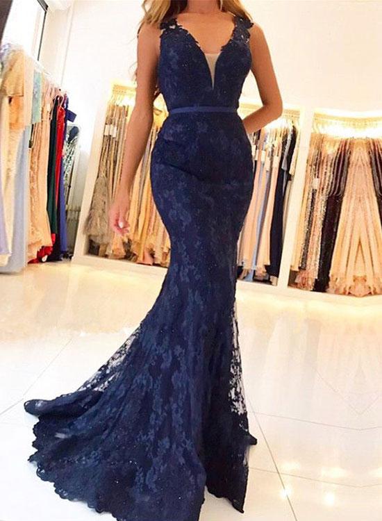 Mermaid V-neck Sleeveless Sweep / Brush Train Evening Dress With Lace 1