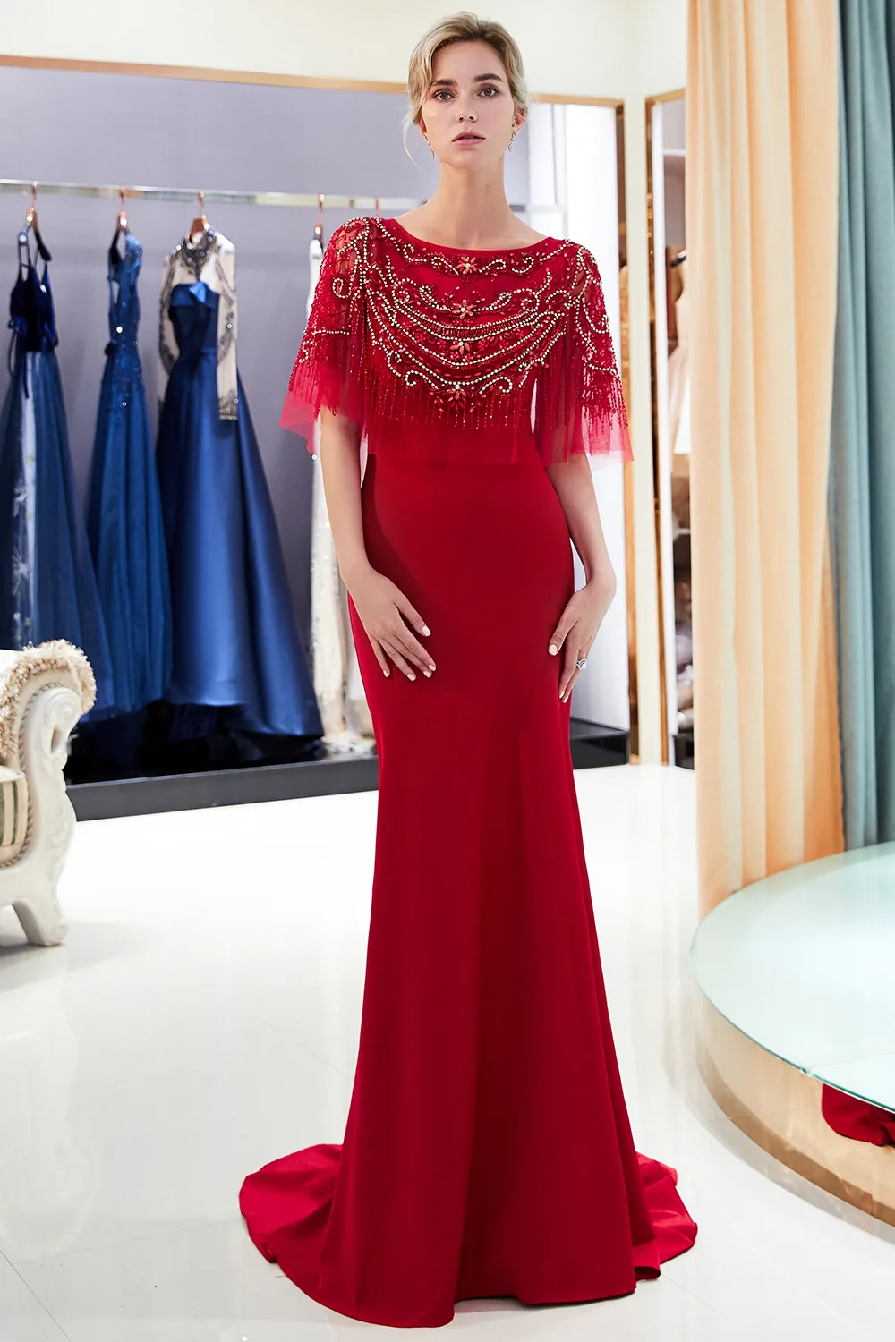 Mermaid Jewel Neck Sleeveless Court Train Stretch Satin Evening Dress With Beading 12