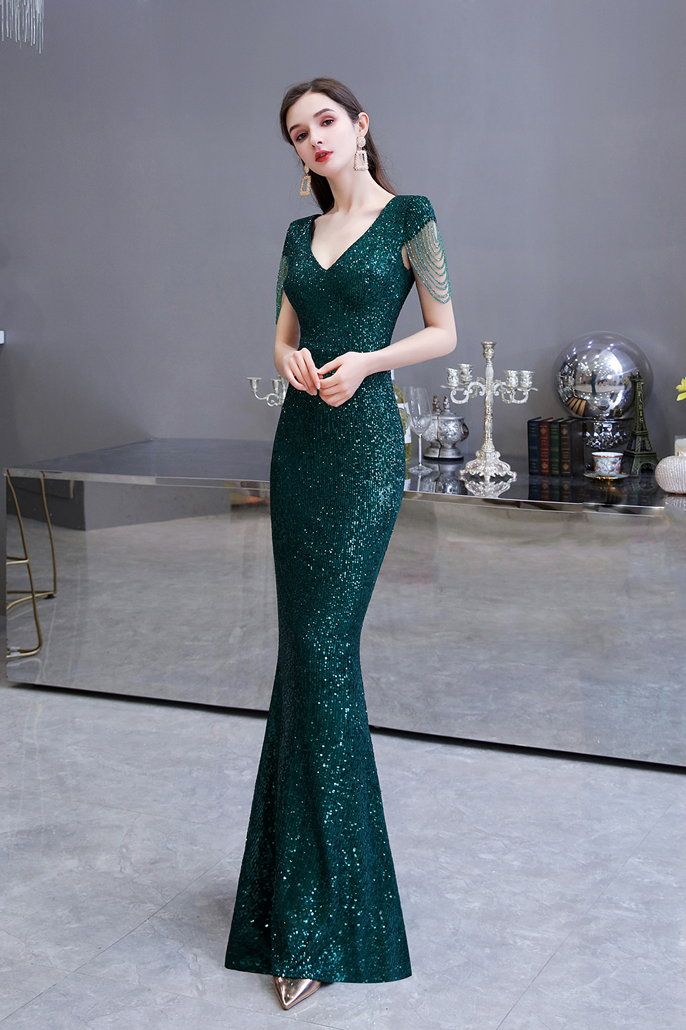 Mermaid V-neck Short Sleeves Sweep / Brush Train Evening Gown With Sequins 8