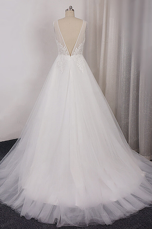 A-line V-neck Sleeveless Floor-length Tulle Bridal Attire With Appliques 2