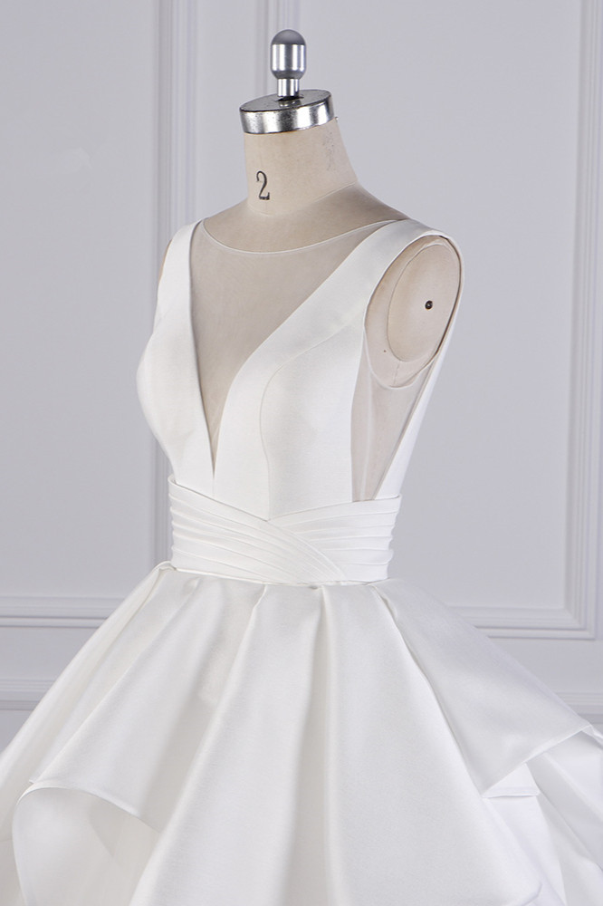 A-line Jewel Neck Sleeveless Floor-length Tulle Wedding Gown With Ruffles 5