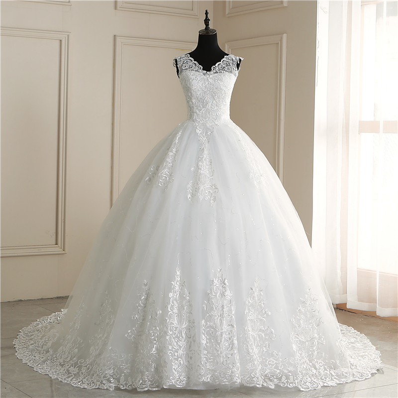 A-line V-neck Sleeveless Floor-length Tulle Bridal Attire With Lace 7