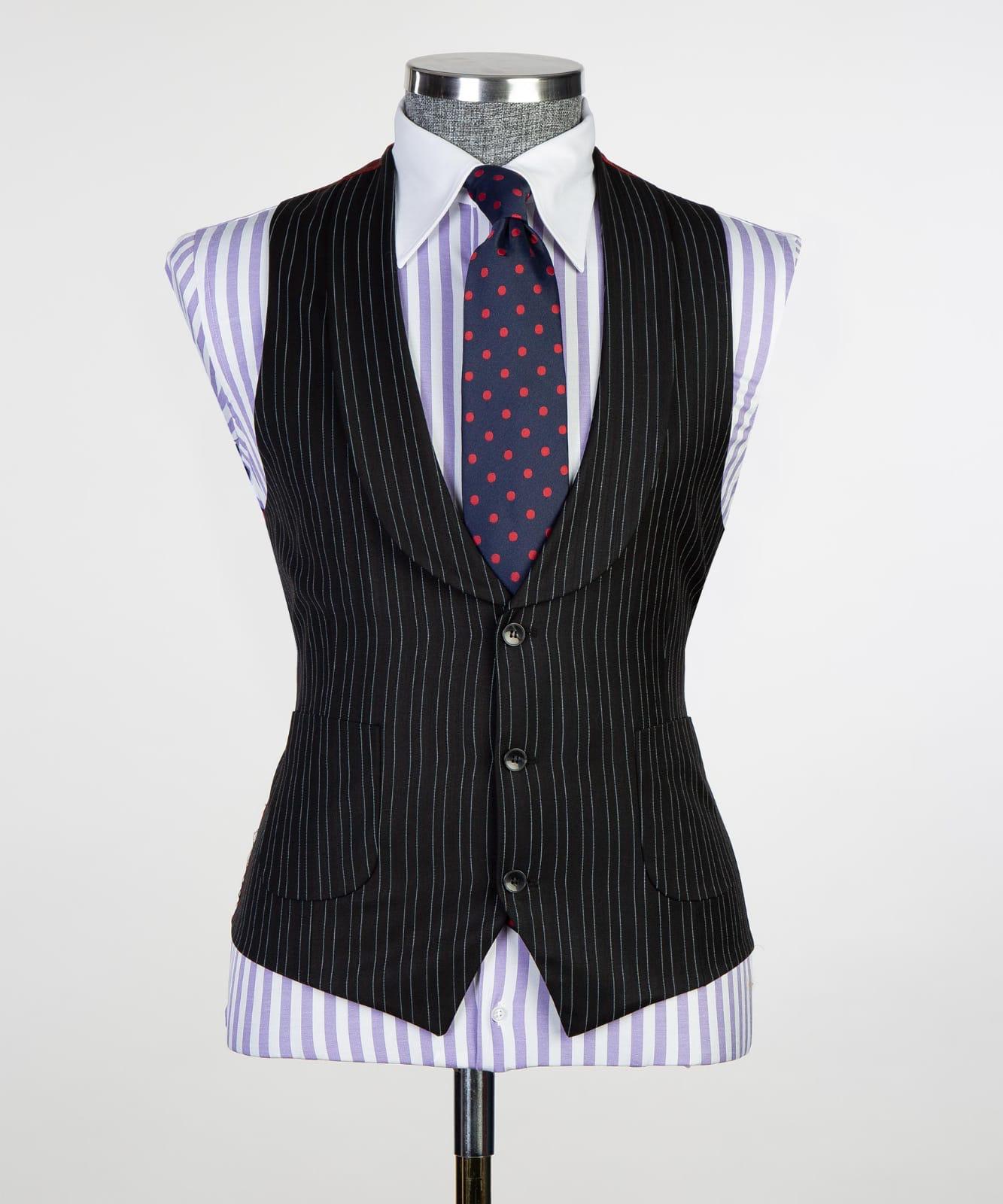 Black Striped Peaked Lapel Three Pieces Men Suit 2
