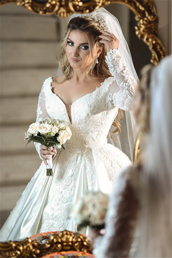 Ball Gown Off-the-shoulder Sweep / Brush Train Wedding Dress With Appliques 2