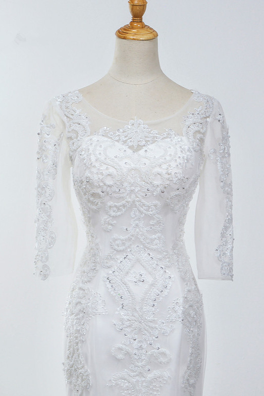 Mermaid Jewel Neck 3/4-Length Sleeves Floor-length Tulle Bridal Dress With Beading 5