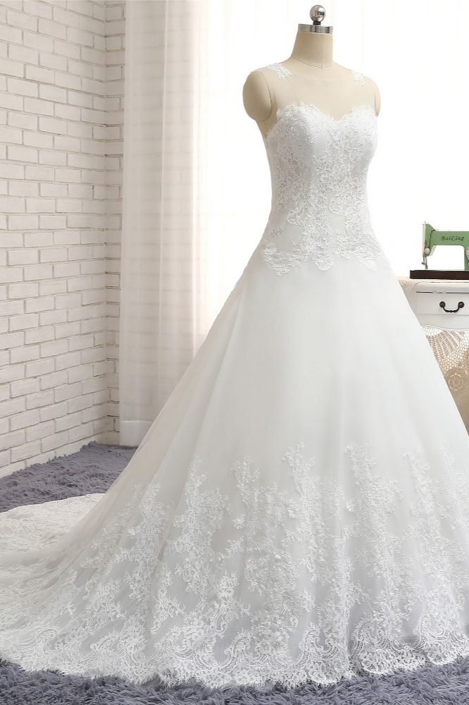 A-line Jewel Neck Sleeveless Floor-length Tulle Wedding Dress With Lace 3