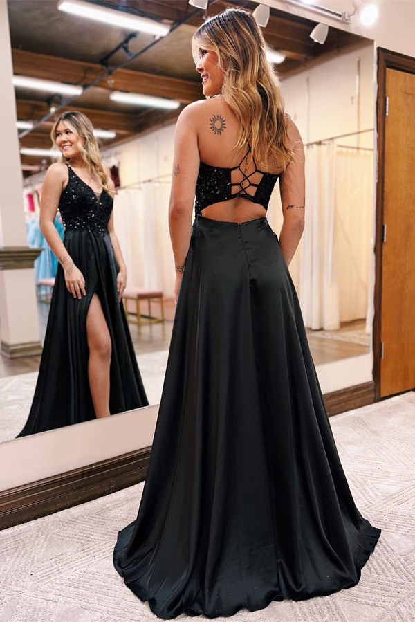 A-line Straps Sleeveless Floor-length Stretch Satin Evening Gown With Sequins 5