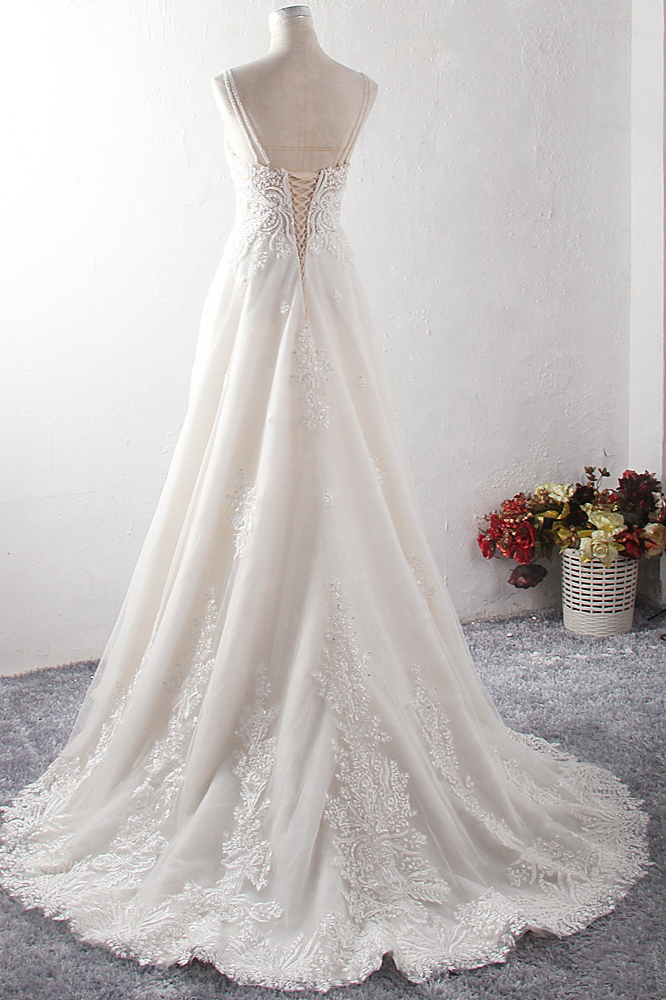 A-line Straps V-neck Sleeveless Floor-length Tulle Wedding Dress With Lace 2