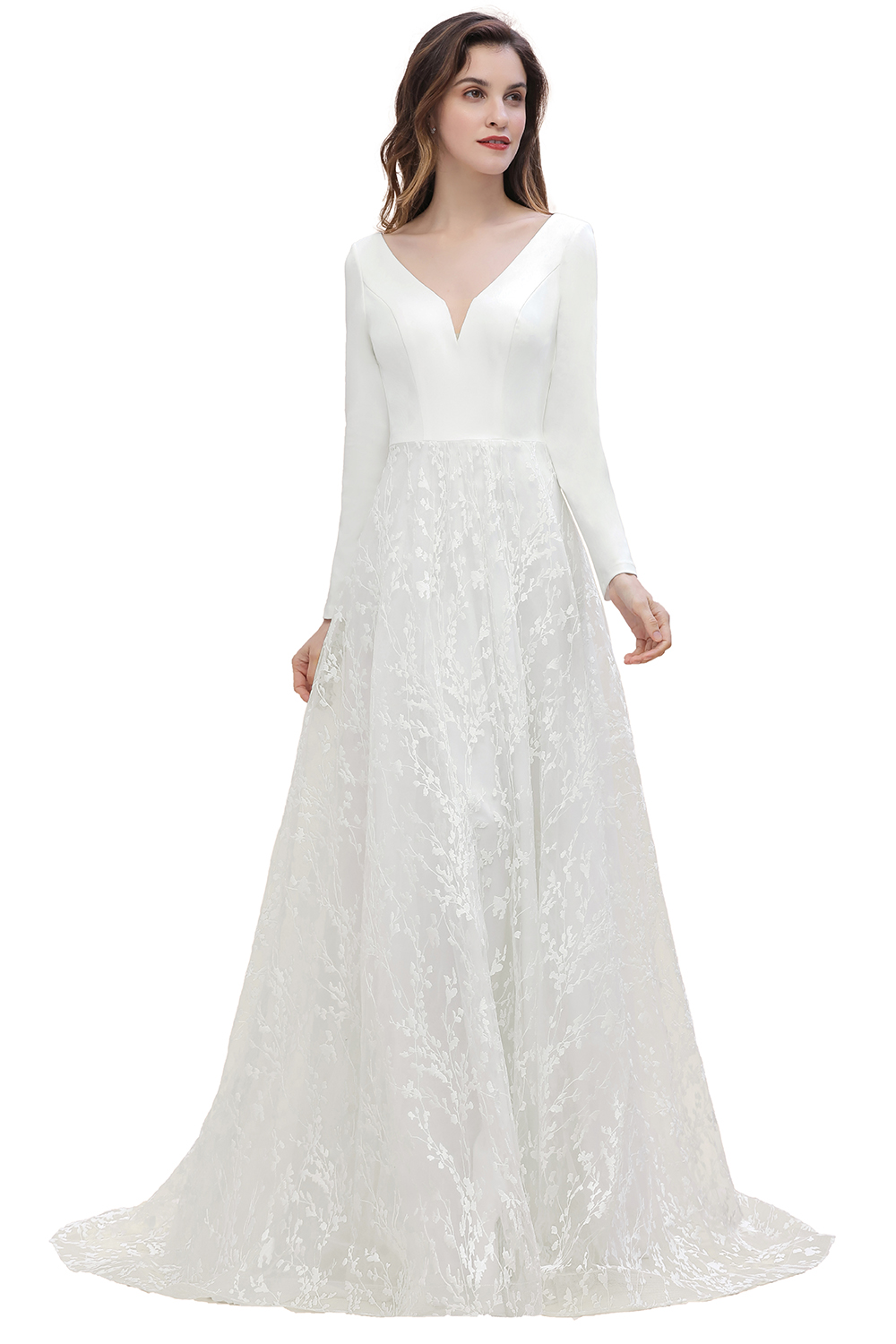 A-line V-neck Long Sleeves Sweep / Brush Train Twisted Pair Wedding Gown With Appliques 3
