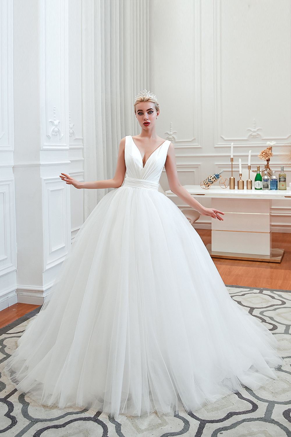 V-neck Sleeveless Cathedral Train Satin Bridal Gown With Ruffles 12