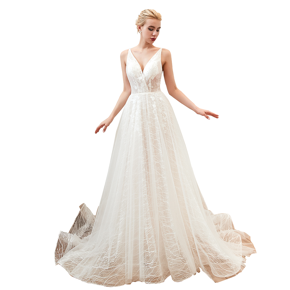 A-line Plunging Neckline Sleeveless Chapel Train Tulle Bridal Gown With Lace 19