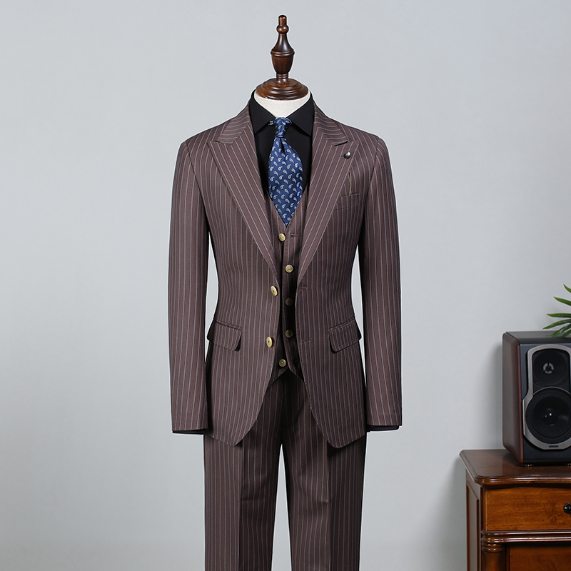 Brown Striped Slim Fit Business Suit 2