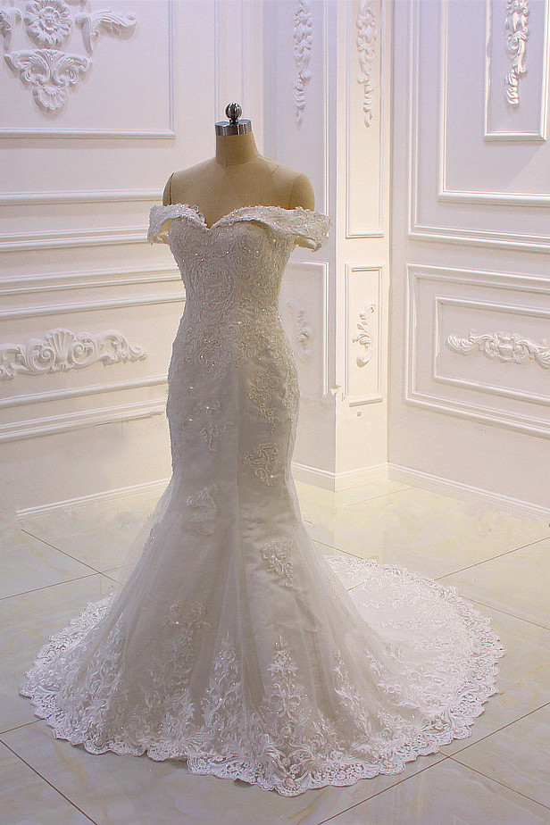 Mermaid Off-the-shoulder Sweetheart Neck Sleeveless Floor-length Tulle Wedding Dress With Lace 5