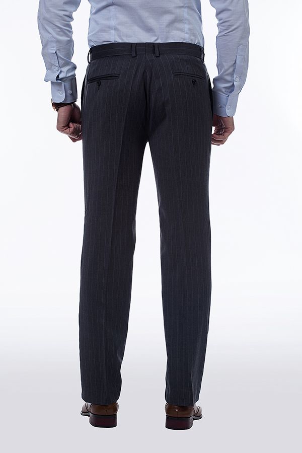 Black Striped Double Breasted Wool Blend Men's Suit with Peak Lapel 8