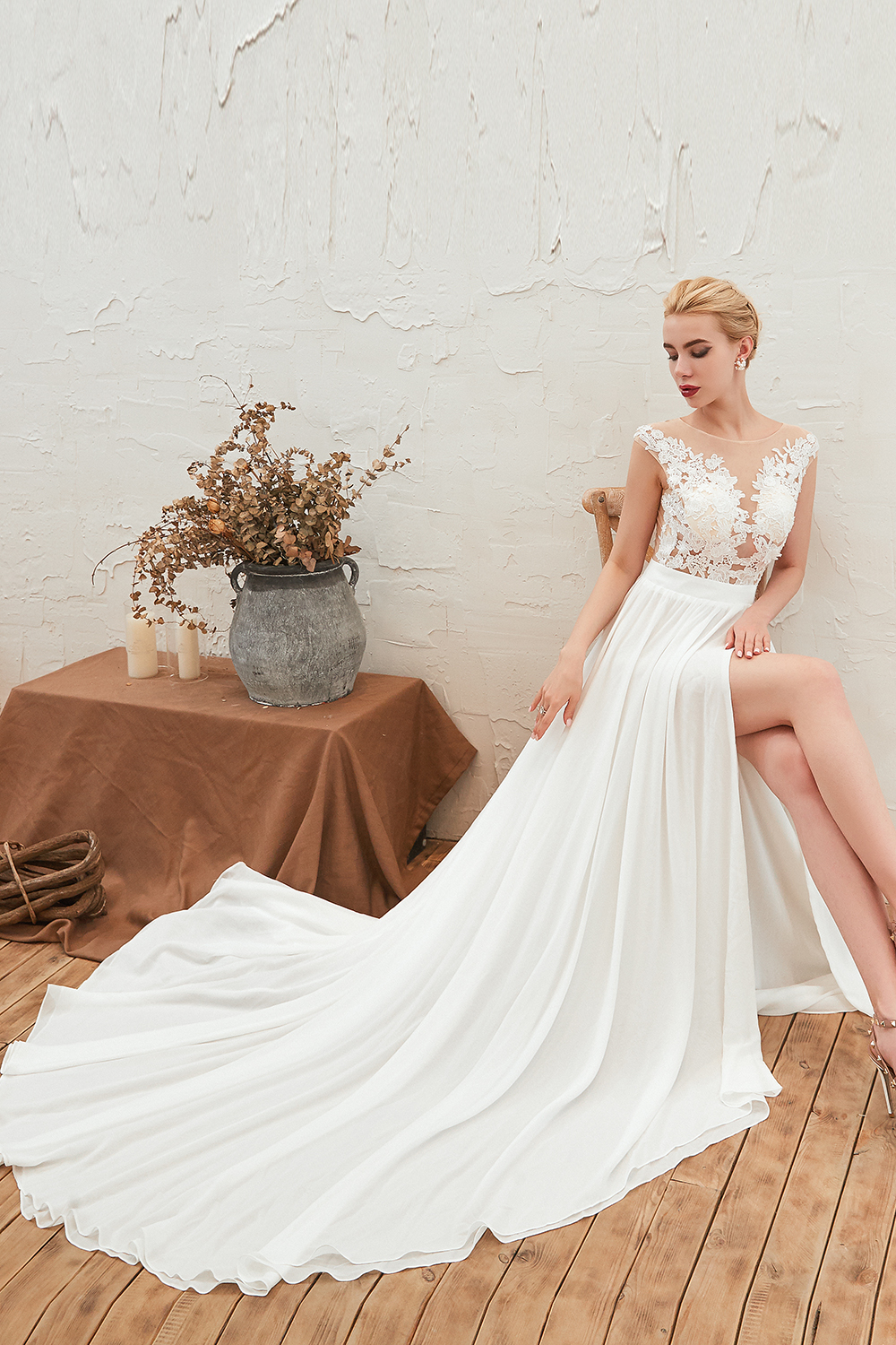 A-line Jewel Neck Half-Sleeves Chapel Train Tulle Bridal Gown With Lace 10