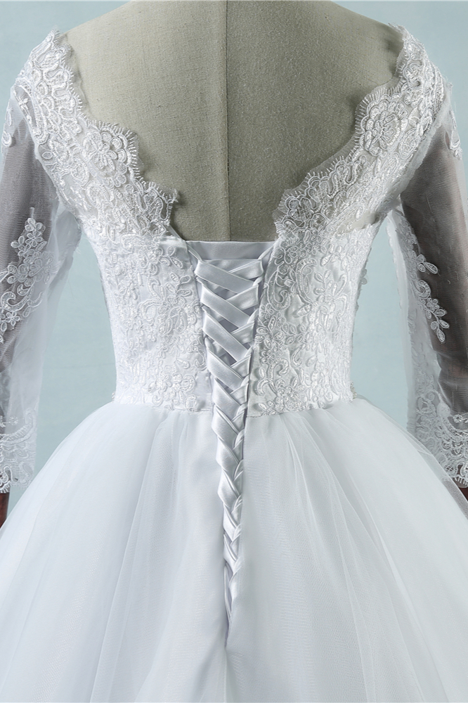 A-line 3/4-Length Sleeves Floor-length Tulle Bridal Dress With Appliques 4