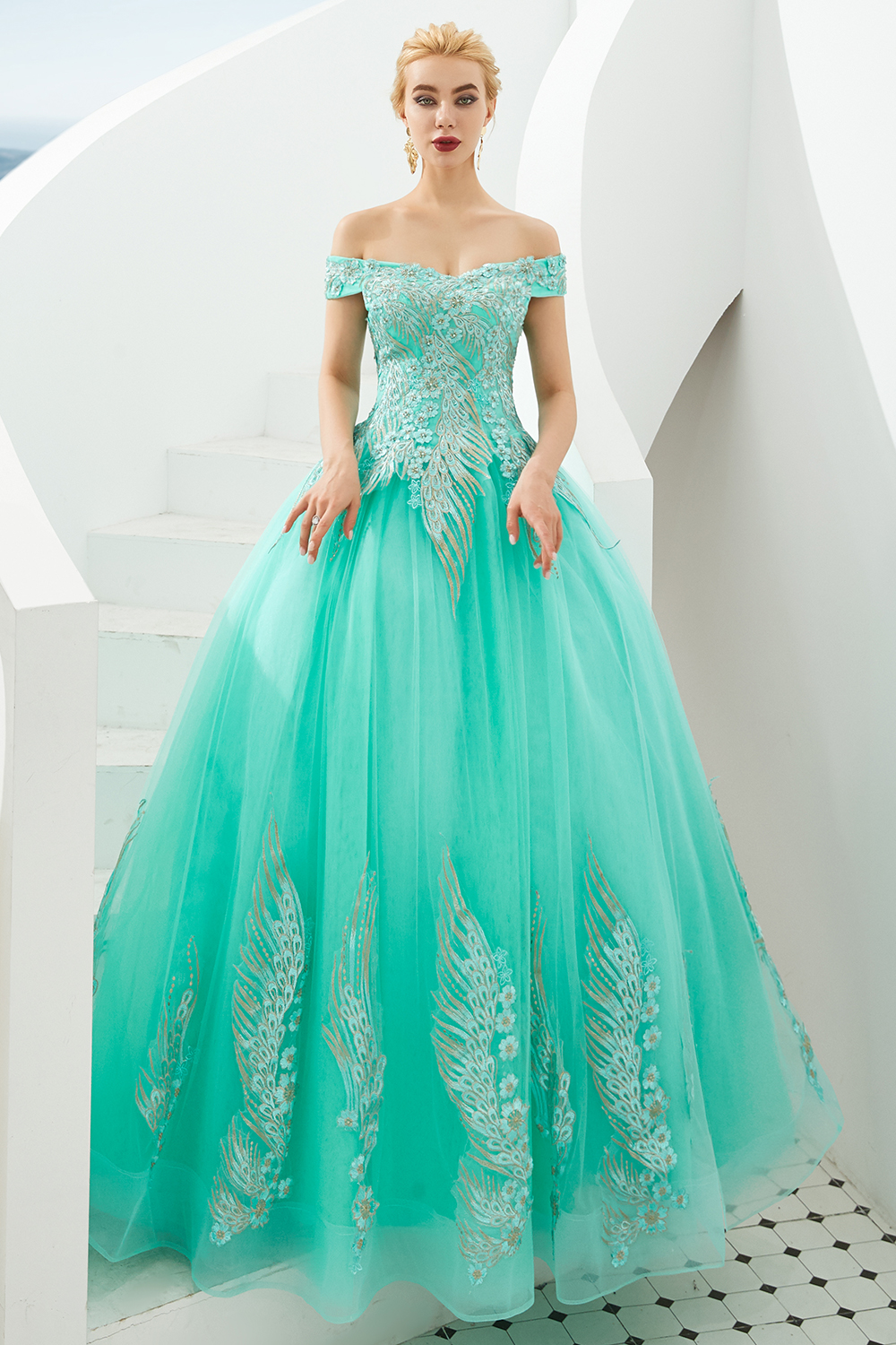 Ball Gown Off-the-shoulder Cap Sleeves Sweep / Brush Train Tulle Formal Dress With Beading 17
